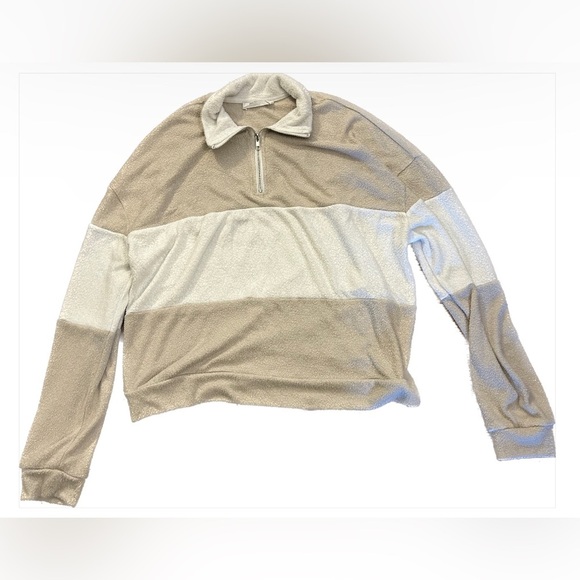 Double Zero Jackets & Blazers - Double Zero Tan and Cream White Half Zip Teddy Sweater Sweatshirt, Size M